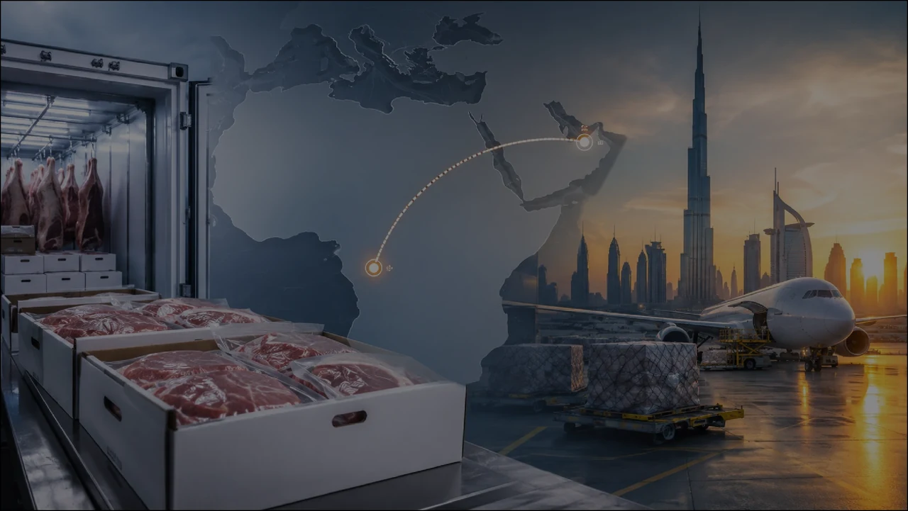 Illustration combining the Kenya–UAE route, packed meat and air freight