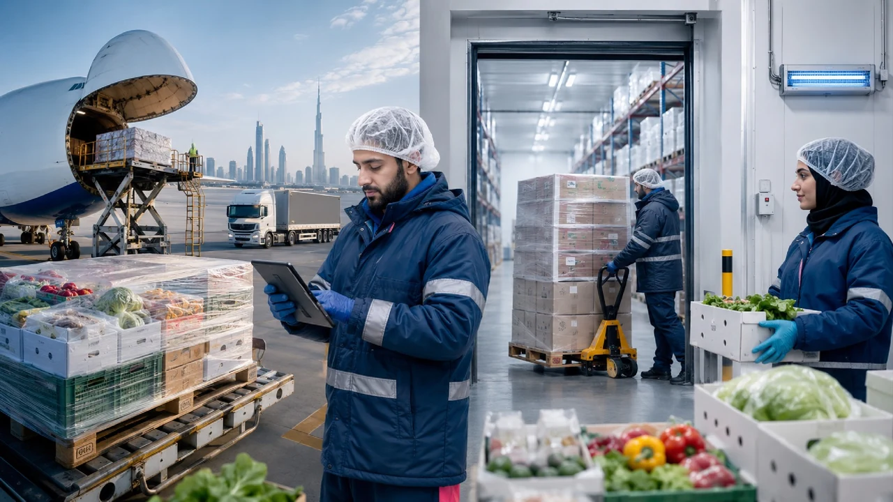 Illustration combining air freight, produce handling and cold storage